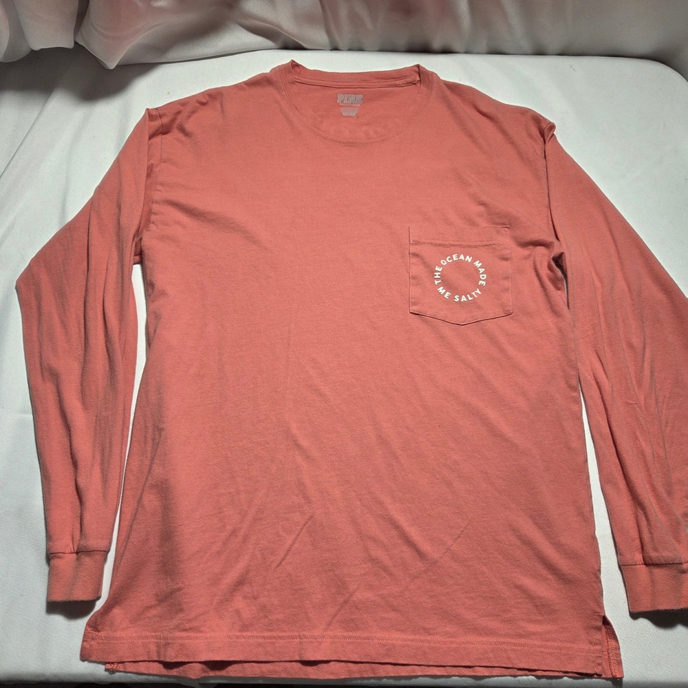 PINK Victoria's Secret Long Sleeve Pocket‎ Tee Coral Ocean Made Me Salty Small
